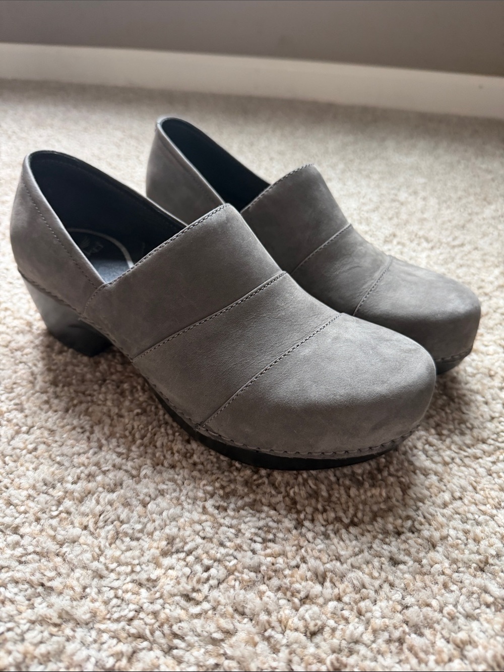 Dansko gray suede clogs
